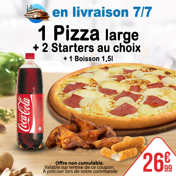 1 pizza large + 2 starters + 1 boisson 1,5L